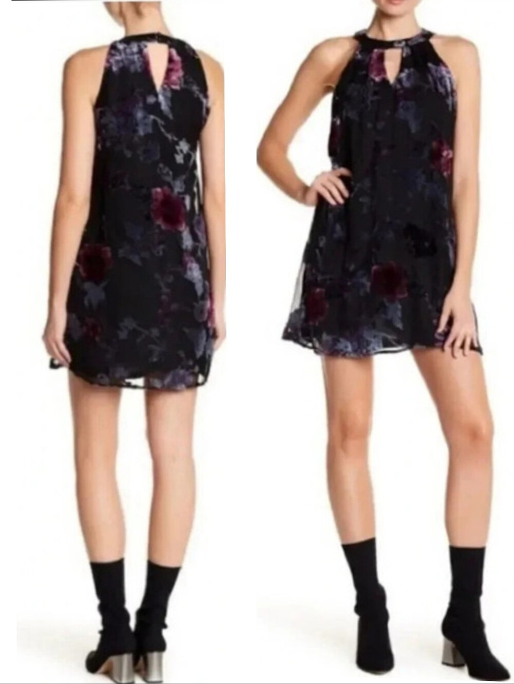 As U Wish Gigi Trapeze Swing Dress, Burned Out Velvet Blue On Black - Picture 2 of 14